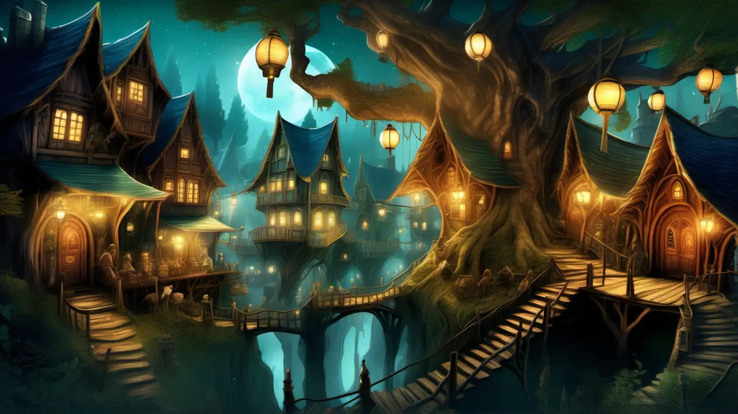 An image of a small magical town deep inside a mystical forest, inhabited by half human half animal highbreeds, at night, ligthed by lamps and lanterns, it's beautiful and full of nature, and at the center, there's a tavern built inside a huge tree in the middle, in detailed fantasy style 