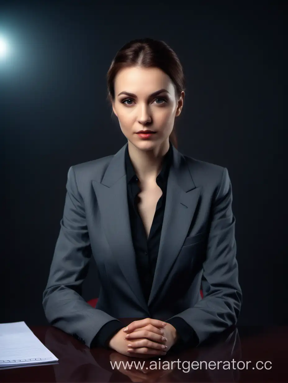 Женщина красивая психолог сидит в костюме за столом со спокойным выражением лица, лицо освещено равномерно