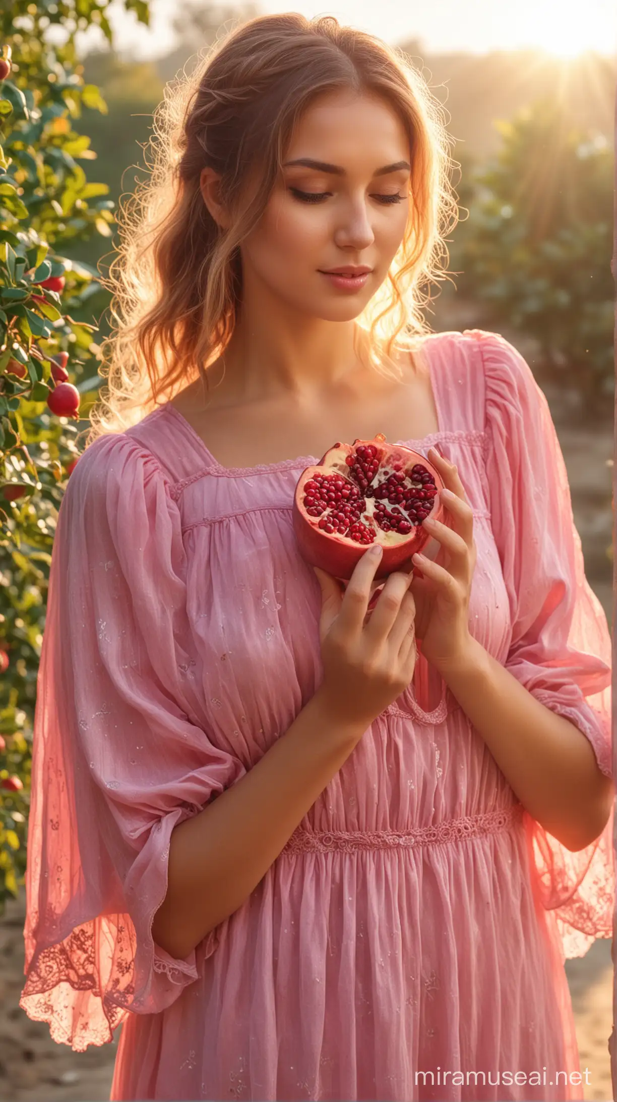 Beautiful Angel women with pink dress and holding Pomegranate on hand, natural background, sun light effect, 4k, HDR, morning time weather
