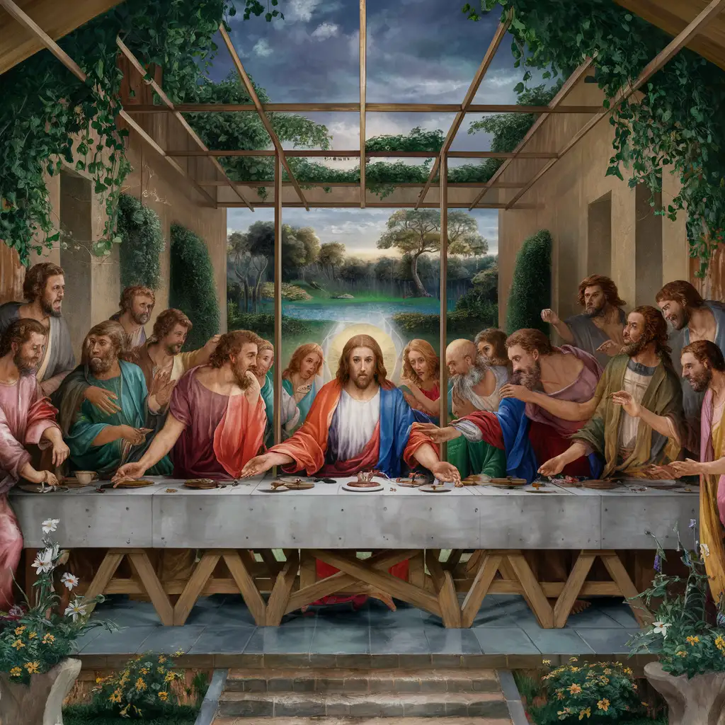 "the Last Supper" in a garden full body
