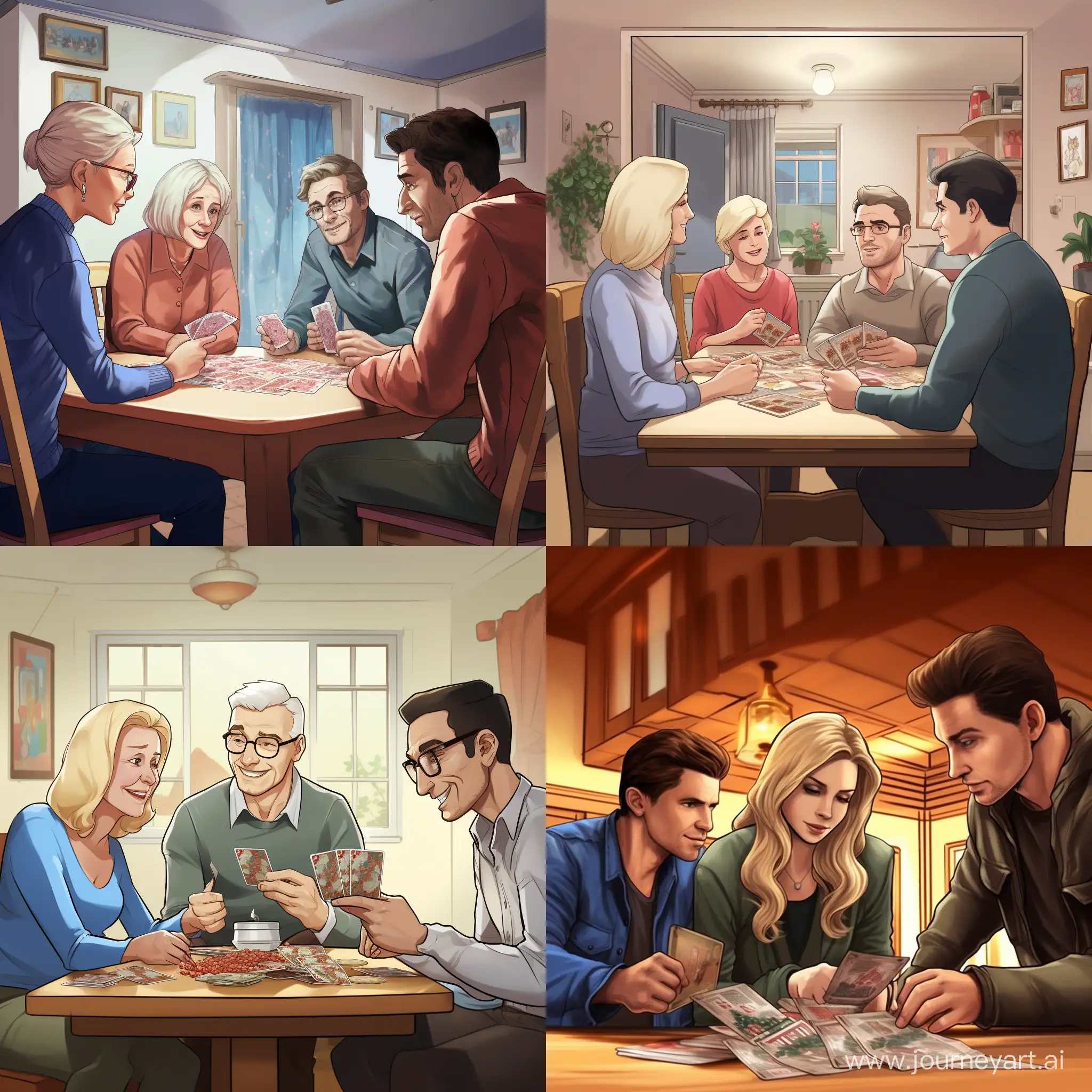 Please generate super realistic view of 4 people playing game: "Tajniacy" (english name: codenames). First person: 34 years old man, second person: 33 years old man, third person 63 years old man, fourth person: 62 years old woman (blond hair). Scenery is room during christmass. The game codename is card game, where 25 cards are placed on table. wo teams compete by each having a "spymaster" give one-word clues that can point to multiple words on the board. The other players on the team attempt to guess their team's words while avoiding the words of the other team.