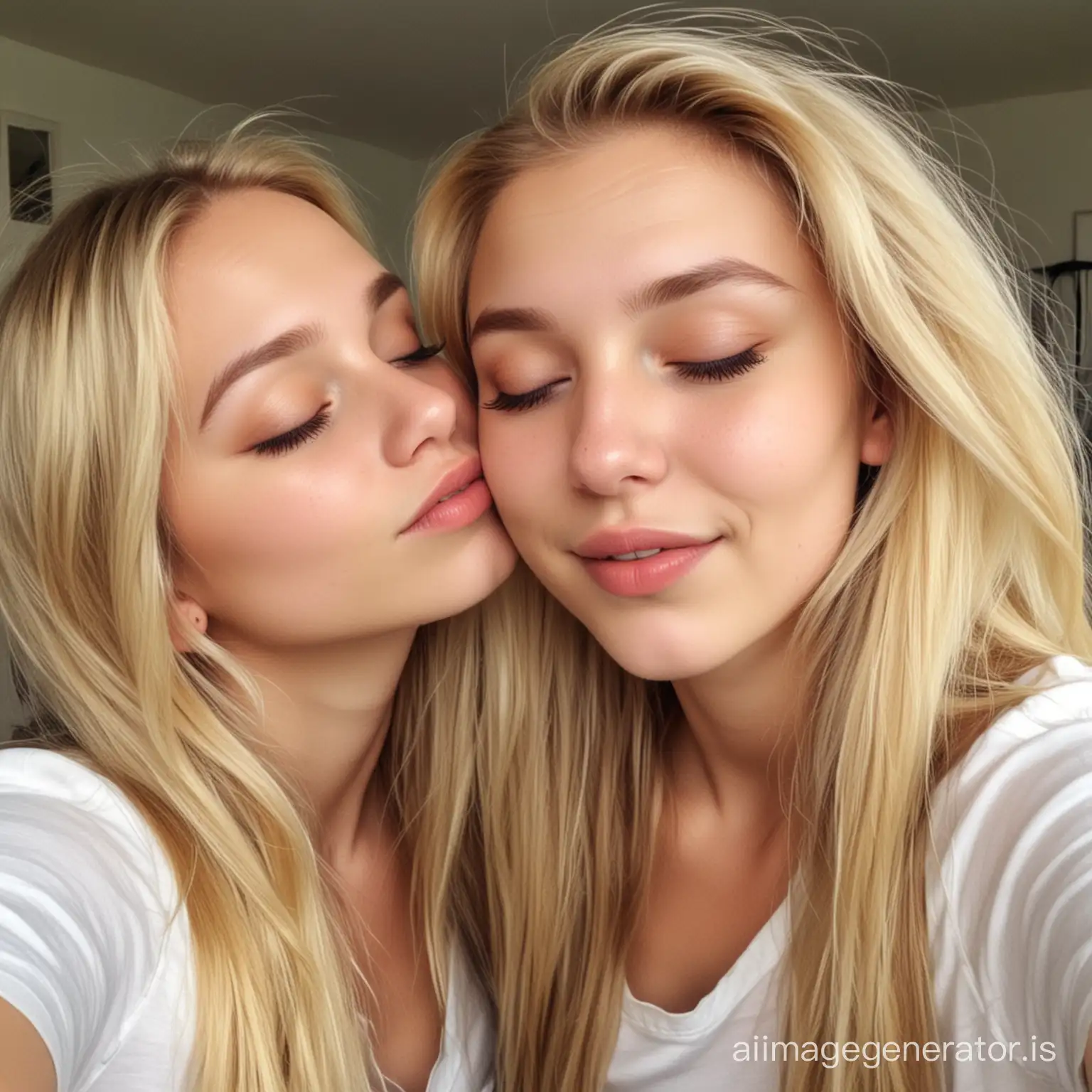 female, 14 years old, blonde hair, eyes closed, taking a selfie, full body, kissing a girl facing each other