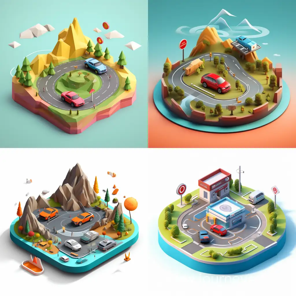 Generate an isometric polygon 3d image for the hero section of a driving school website