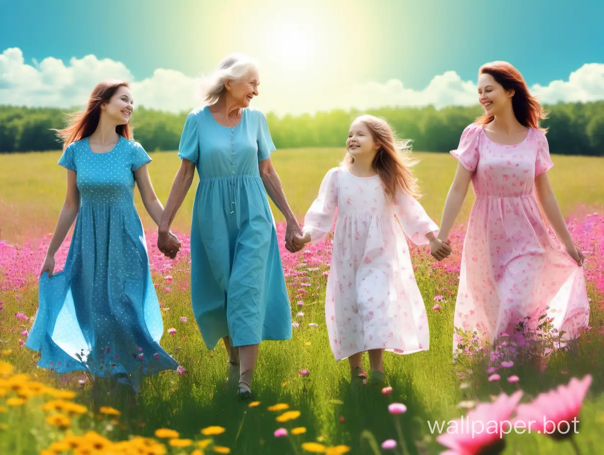 Collage, natural meadow, natural sun, and beautiful blue sky - the background depicts a natural meadow with flowers. In the foreground, three smiling women, grandmother, mother, daughter, in dresses, holding hands with flowers in their hands. At the bottom, space for a description with a monochrome light pink background. Poster maintaining a bright, cheerful color scheme with accents of pink and green, in the background a meadow with flowers and sun. At the bottom, free space for a description, background light blue.
