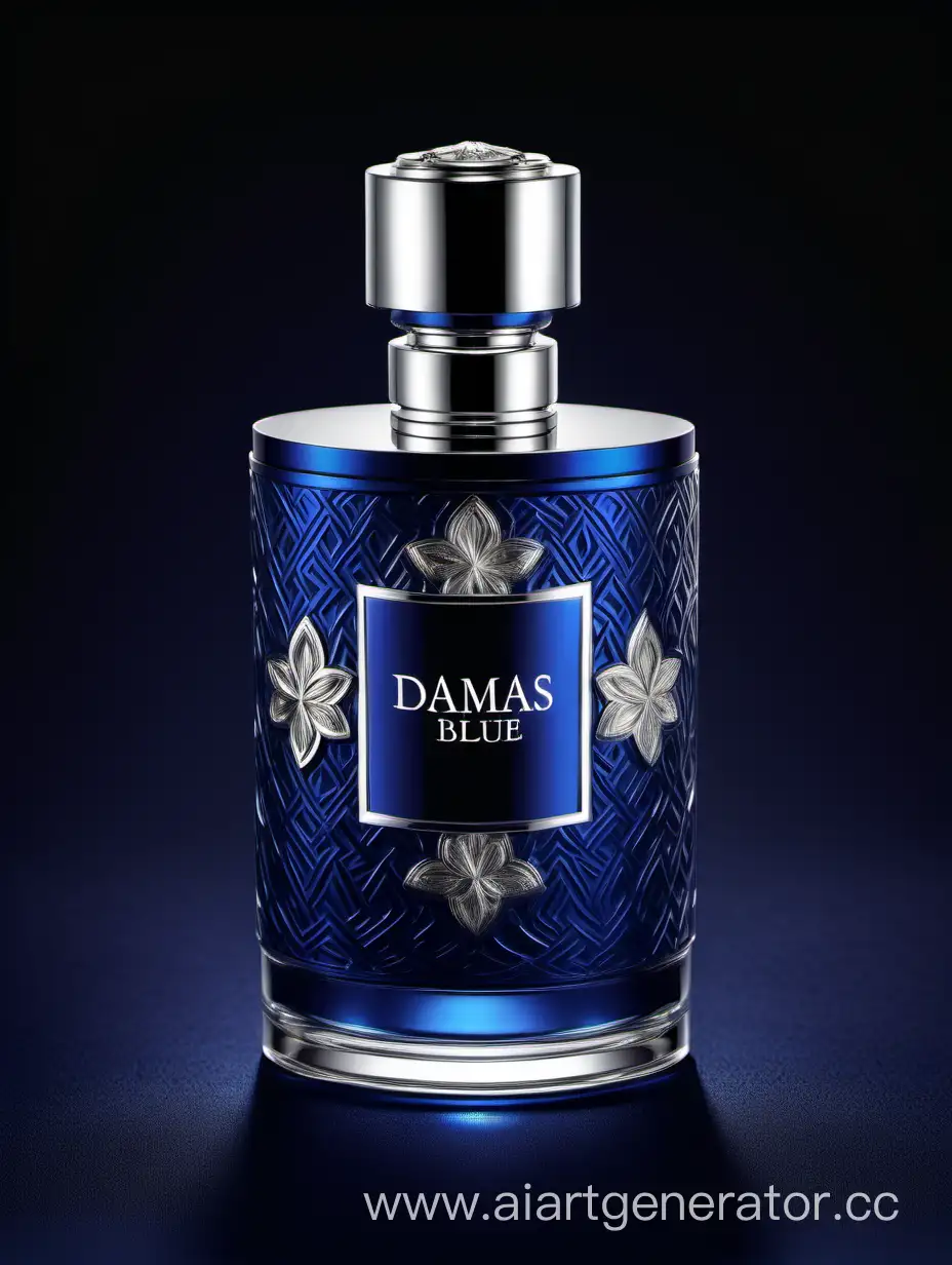 Luxurious-Silver-and-Dark-Matt-Blue-Perfume-Bottle-with-3D-Details-on-Black-Background-and-Elegant-Damas-Text-Logo