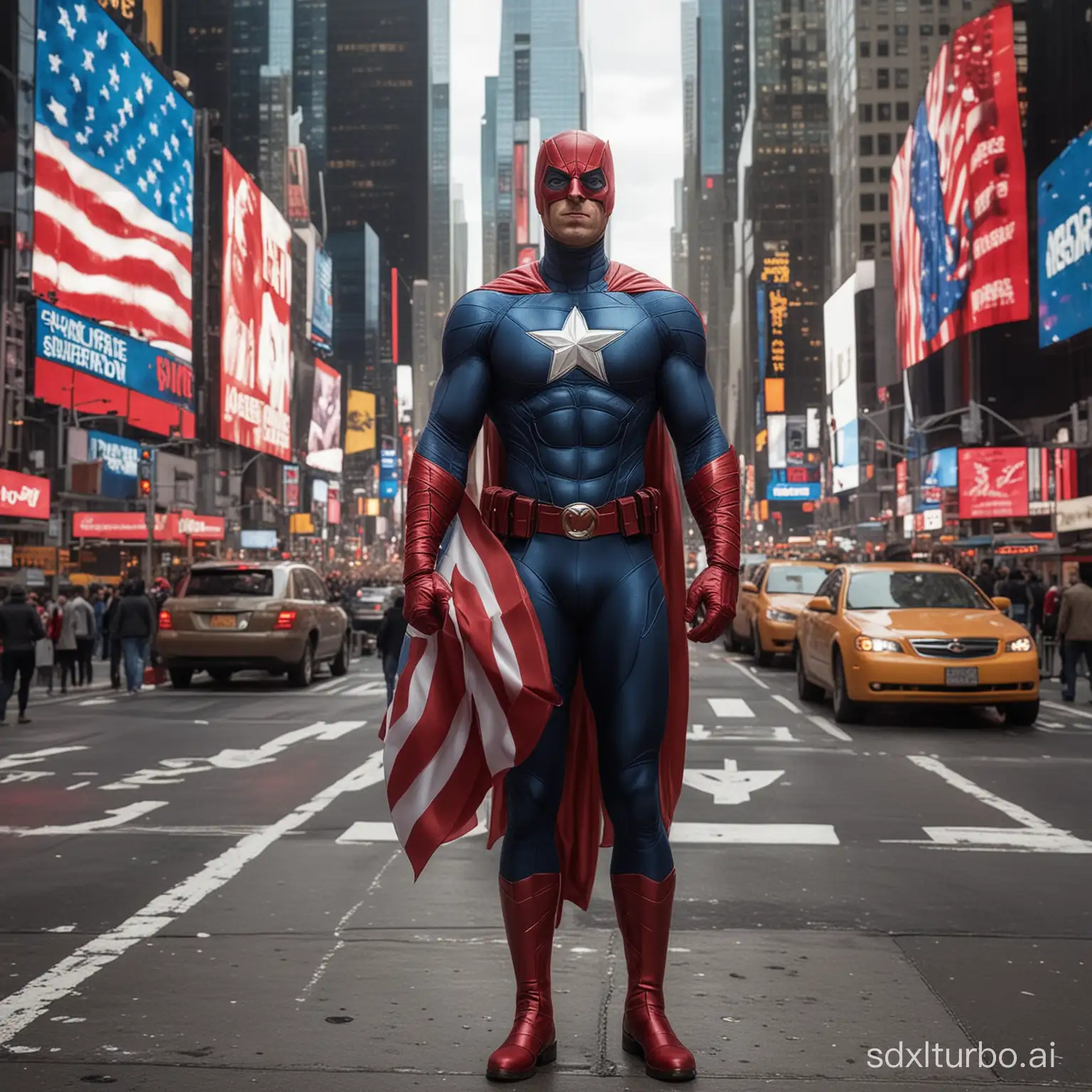 generate image of an American superhero, his dress should be inspired by American flag colours. The superhero should be standing near Times Square