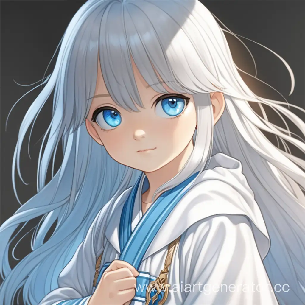 аниме портрет семилетней девочки аасимара с голубами глазами и серебряными длинными волосами, одетой в длинный белый балахон