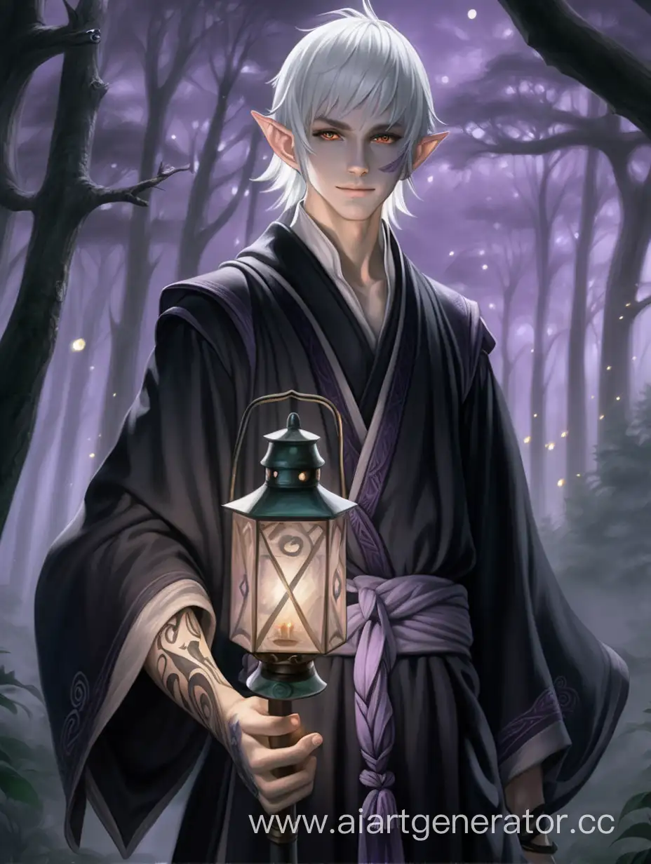 young male elf with very pale scarred skin and medium length white hair, holding a staff with a lantern hanging from the top with a pale violet flame, gentle smile, black obscuring robes with sleeves rolled up, scarred tattoos, gloomy forest in the background —ar 2:3 —niji 6