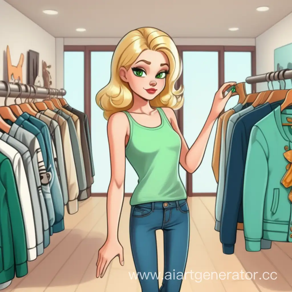 blonde with green eyes chooses an outfit in the style of a cartoon