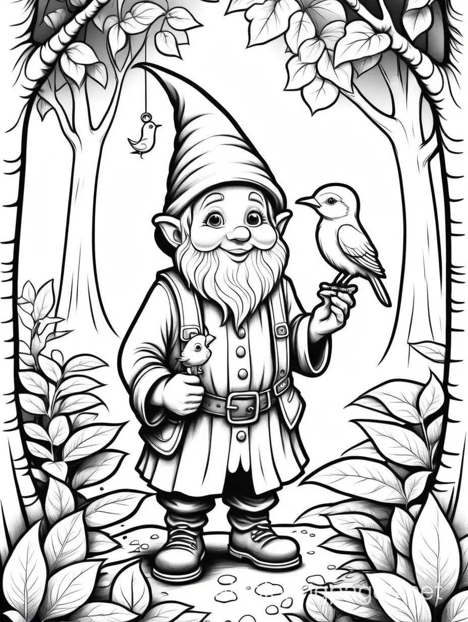 Cheerful-Forest-Gnome-Holding-a-Bird-Coloring-Page