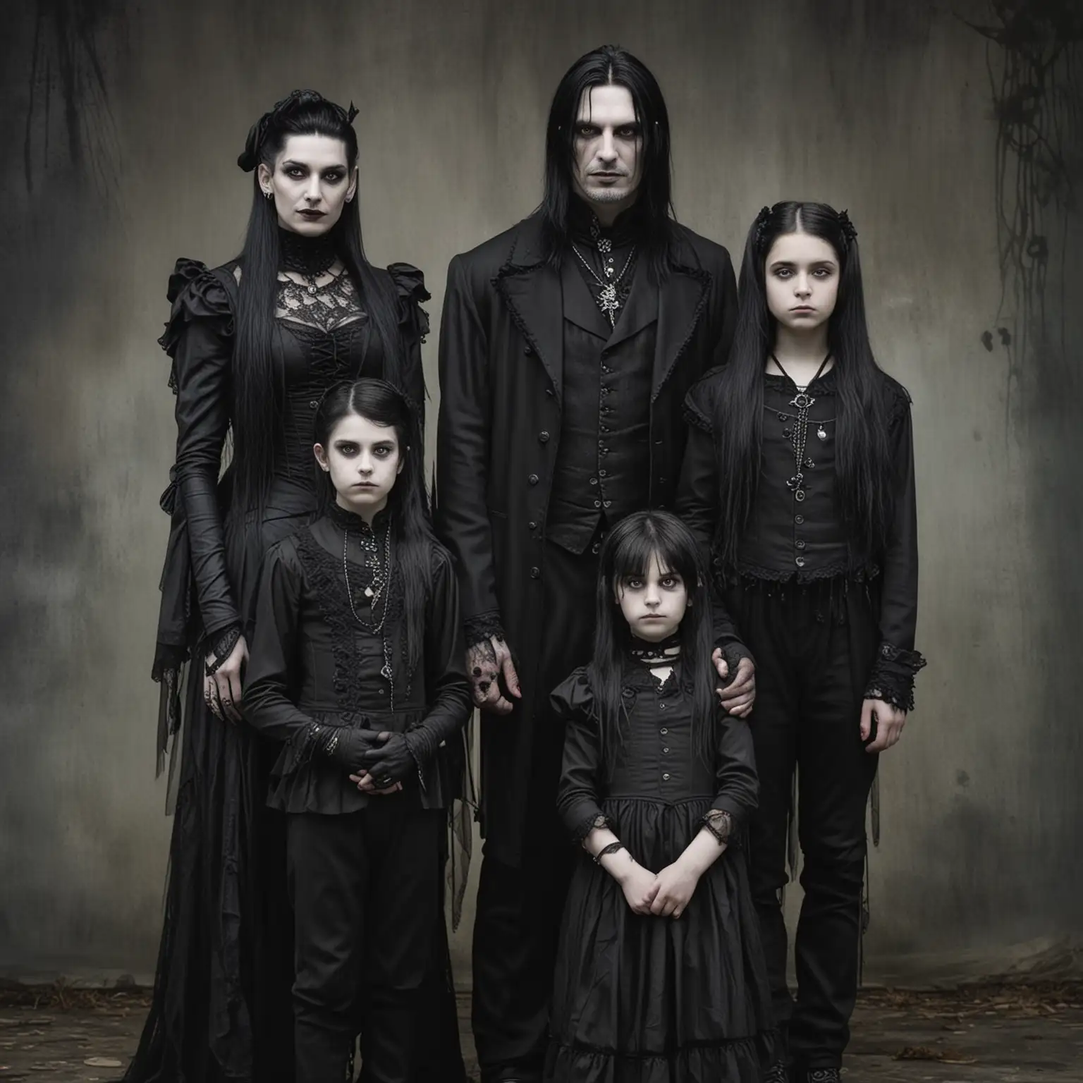 goth family, a woman, a man and two children