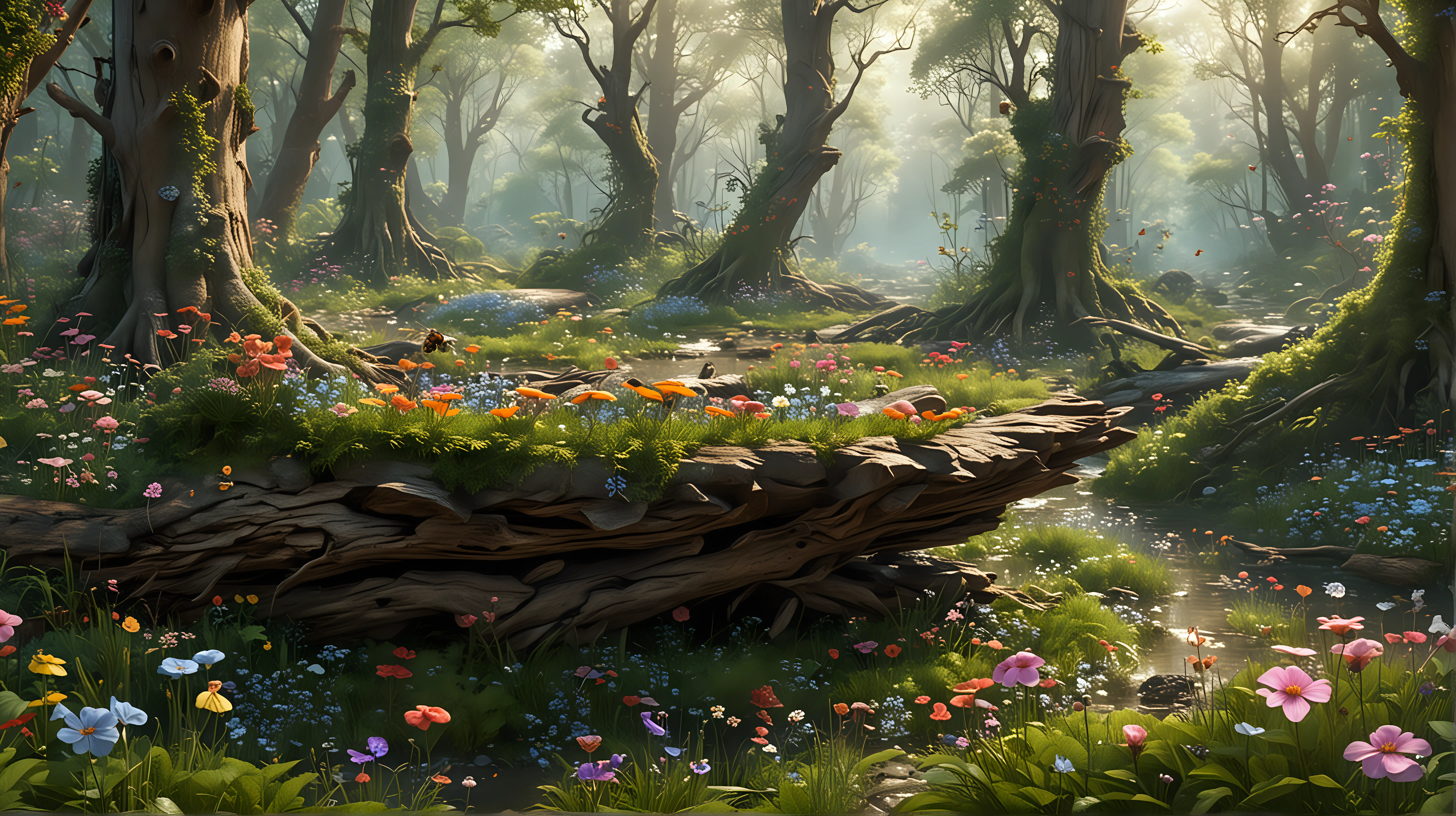 Enchanting HyperRealistic Fantasy Forest Scene with Fairy Creatures and Hidden Abodes