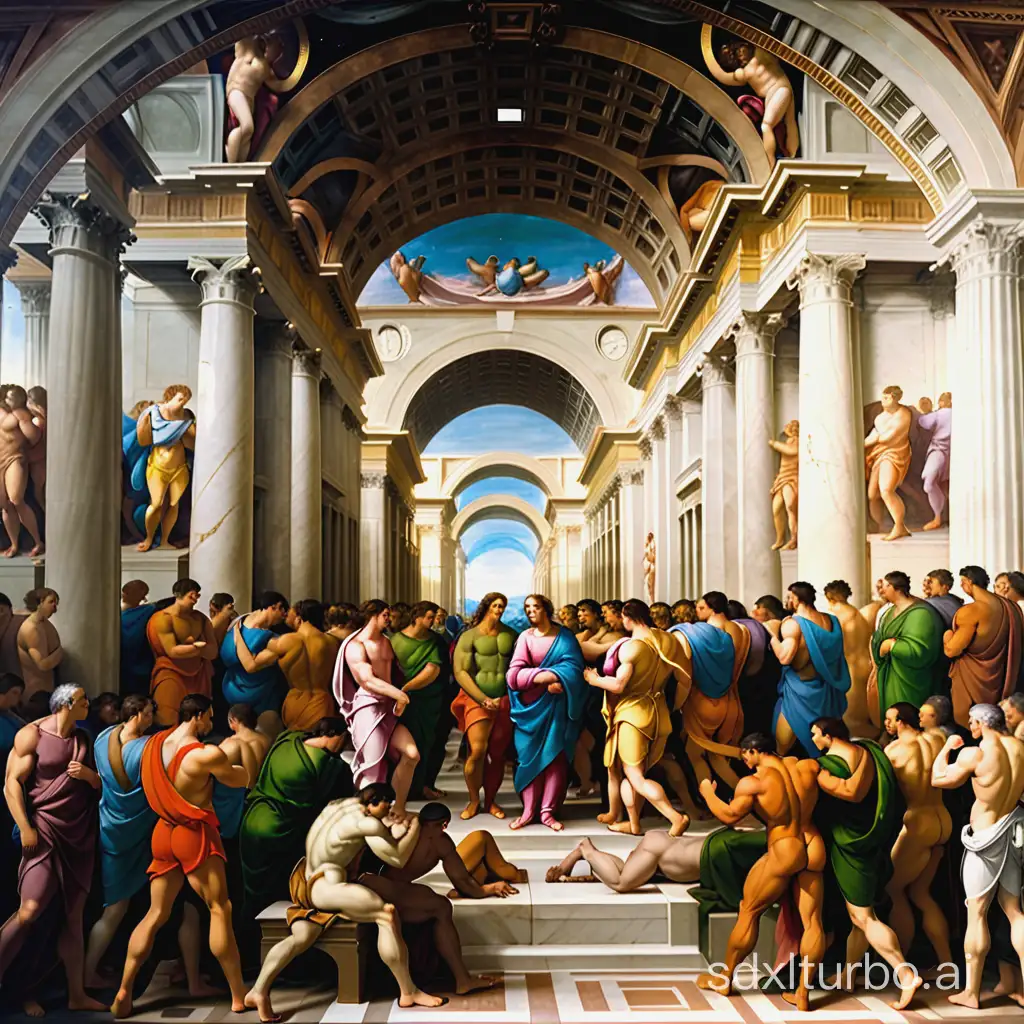 oil painted by Raphael style, The School of Athens but muscle gym version, where philosophers are bodybuilders