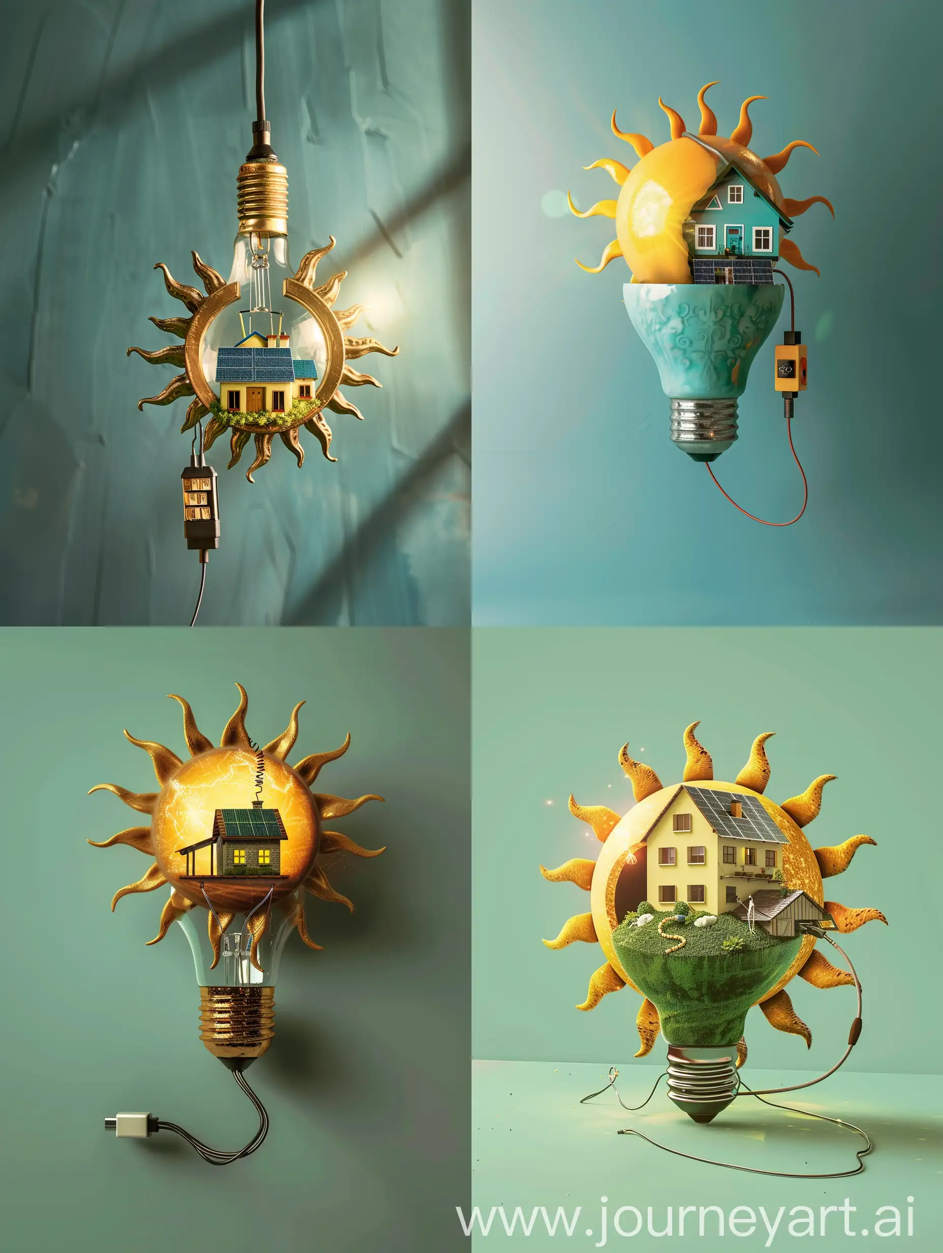 A sun attached with a power cable to a creative bulb contains a house with solar panel