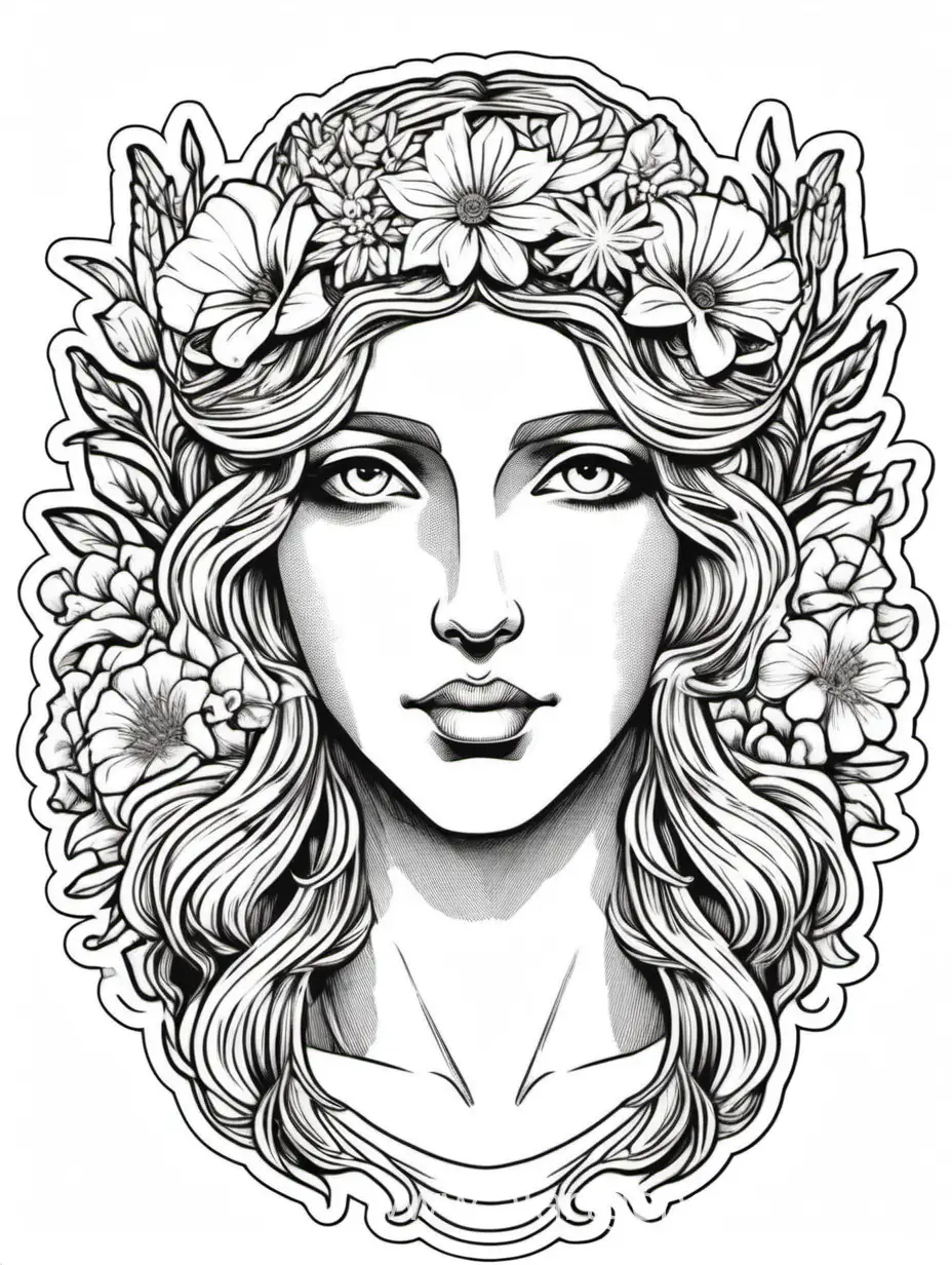 Flora, greek goddess, beautiful face, lineart, wildflower crown, extasis face, sticker