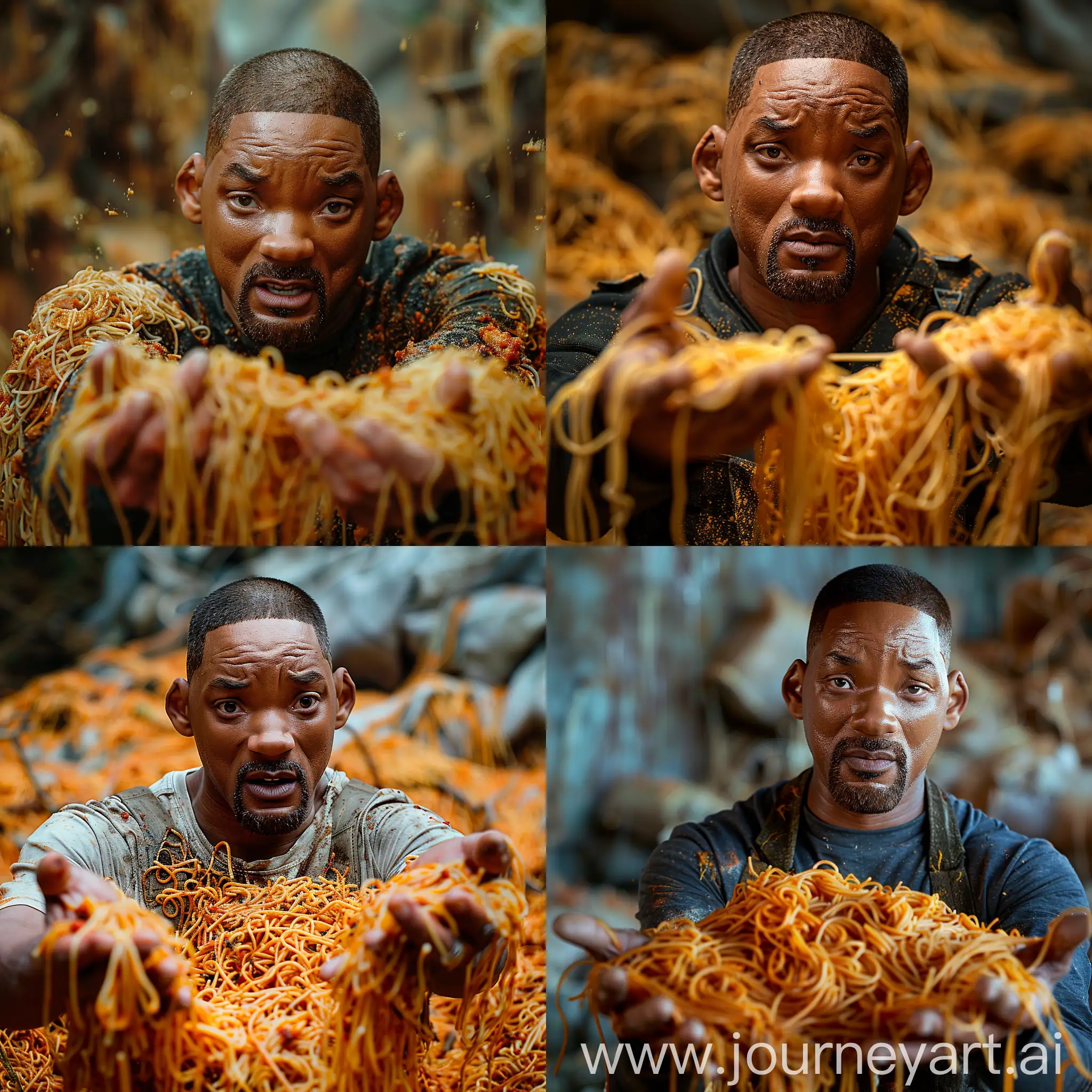 full body shot, Realistic photo of (Will Smith) (raising through a pile  of spaghetti), furious, offering spaghetti in hands,  high detail, 4k --style raw --stylize 750 
