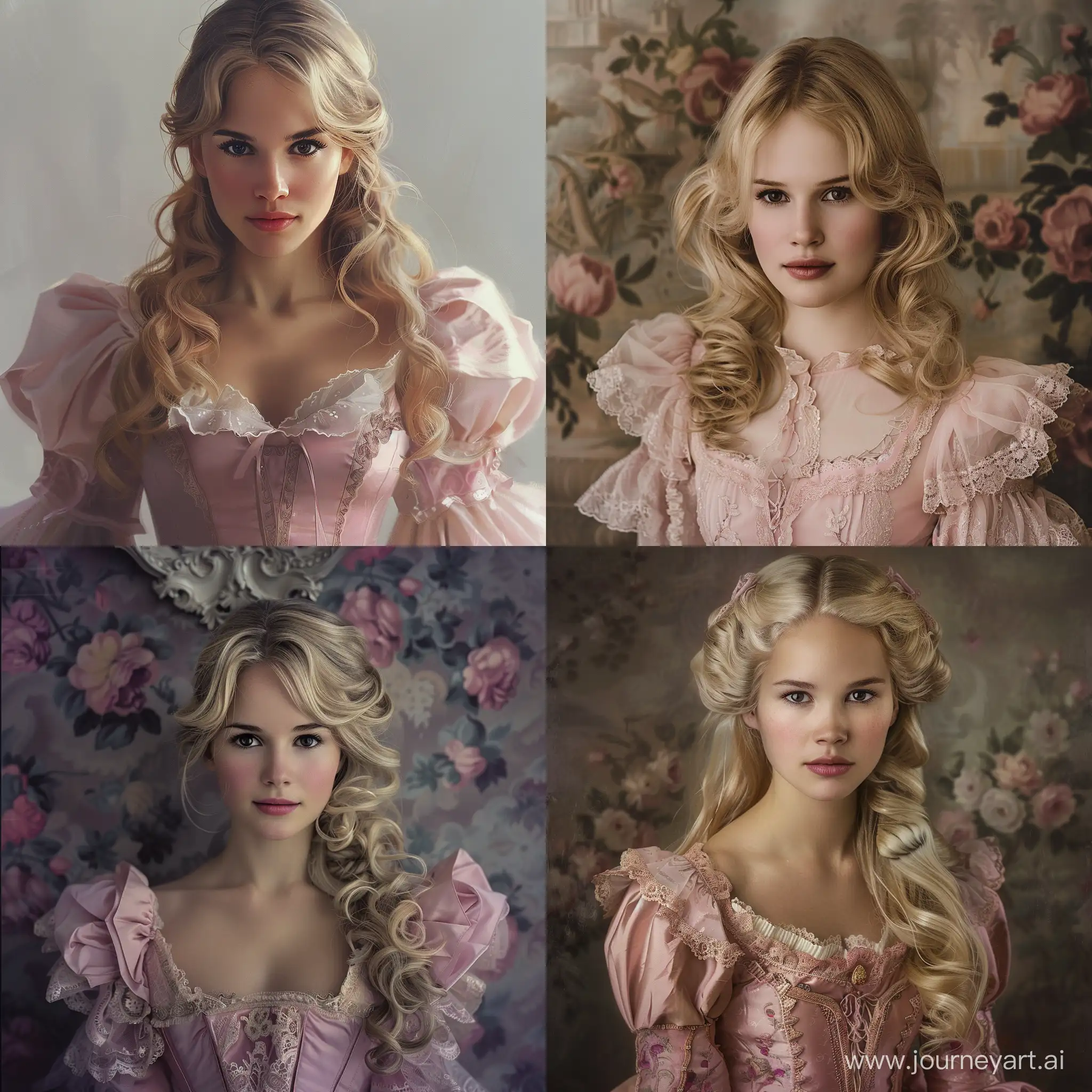 Девушка, похожая на Алисию Викандер. С русыми волосами до плеч, темными миндалевидными глазами, пухлыми губами. В бальном платье 19 века розового цвета