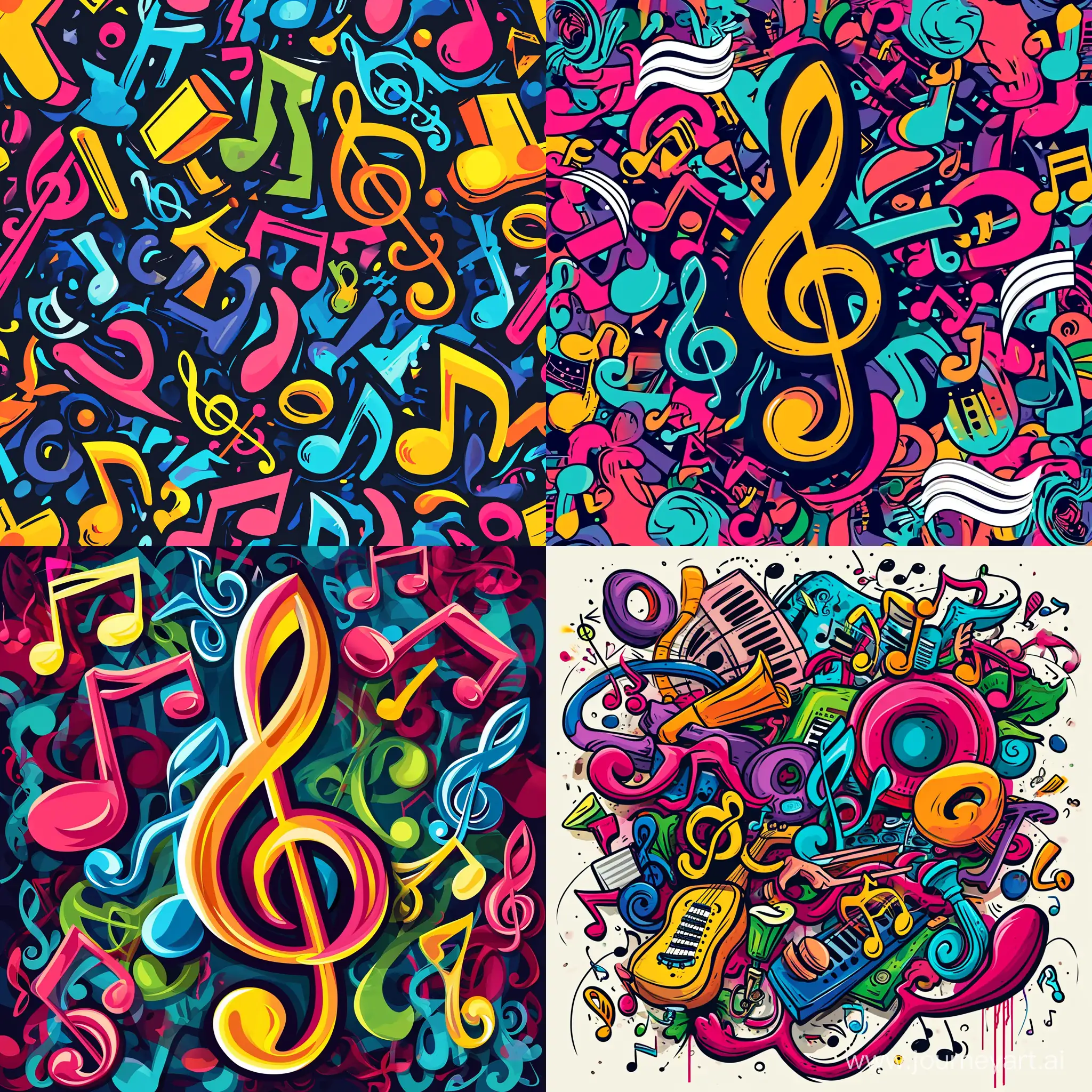 background of musical symbols, complex colors, cartoon style, caricature, pop art style