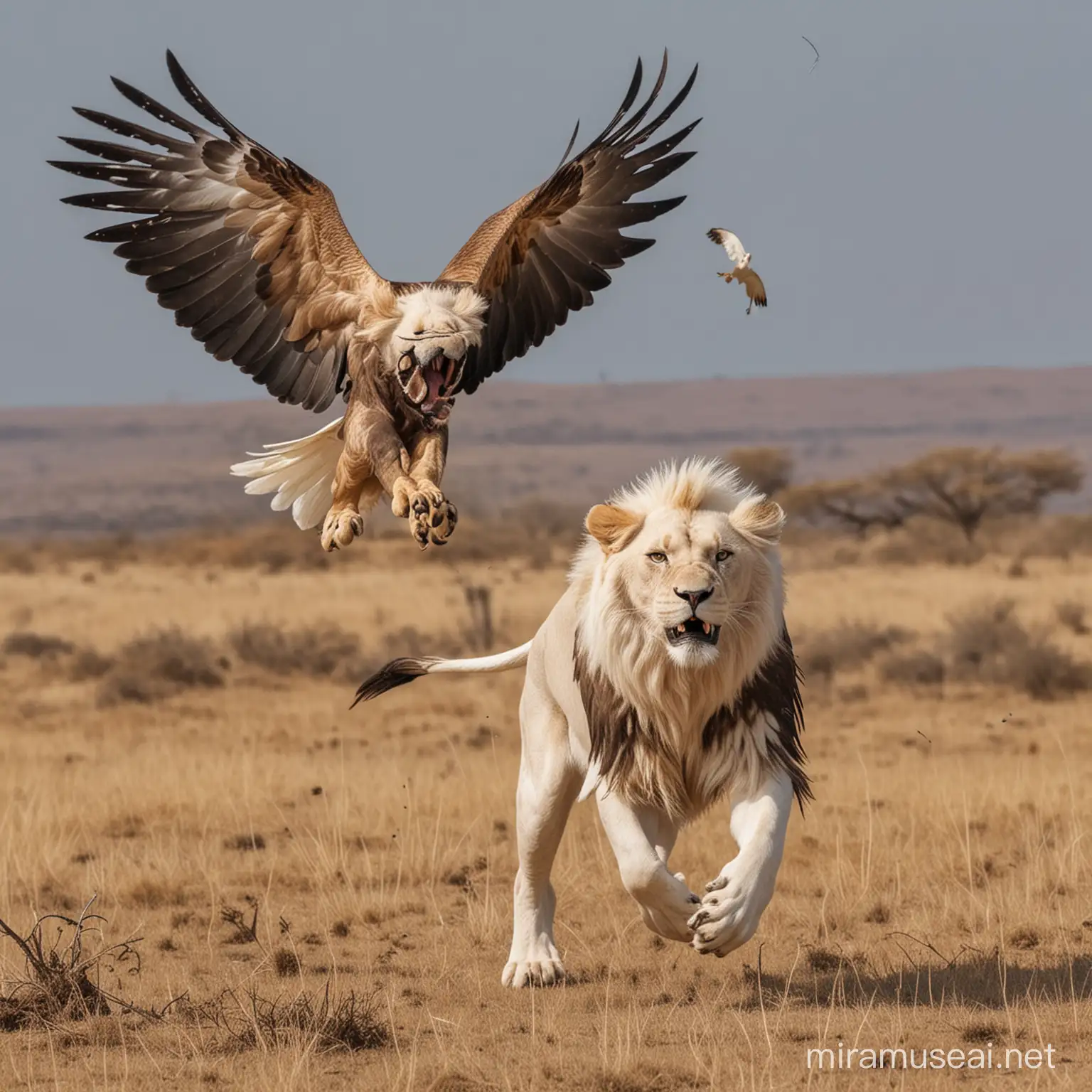 Eagle chasing one white lion. The lion is scared for it's life. The eagle is swooping in from the sky