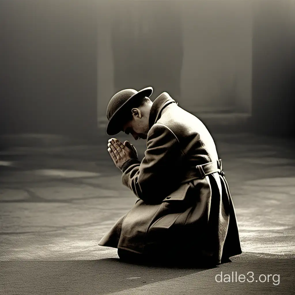 Человек в профиль на коленях в шинели времен первой мировой войны молится сложив руки перед собой