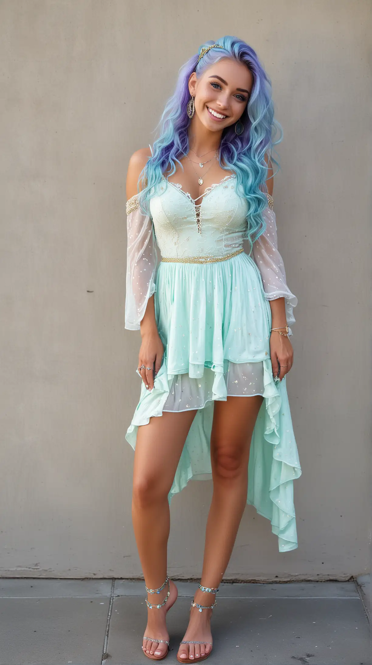 Beautiful woman with purple fluorescent eyes, long wavy turquoise hair that looks like an aquamarine gemstone, beautiful smile, freckled face. 28inch shoulders, 26inch waist, 34inch hips. Wearing a majestic dress with a 16carot gold anklet on her left leg, and and a 18carot sterling silver wedding ring on her left hand, and toe ring on her foot. Barefoot and leaning against a wall. Full body shot