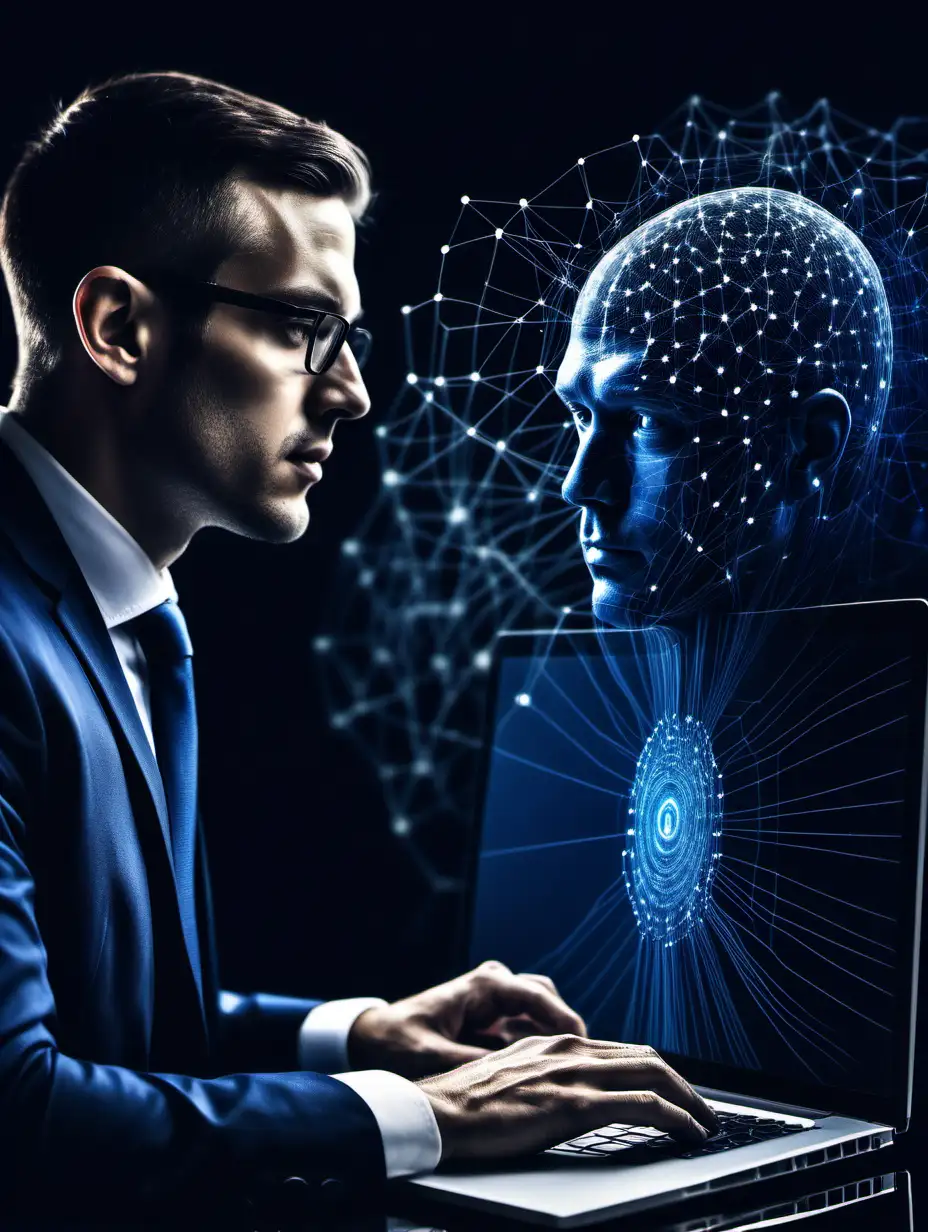 professional photo with reflection. dark blue theme. sales rep working at his laptop. Looking at laptop. show neural network of new ideas around the sales rep.


