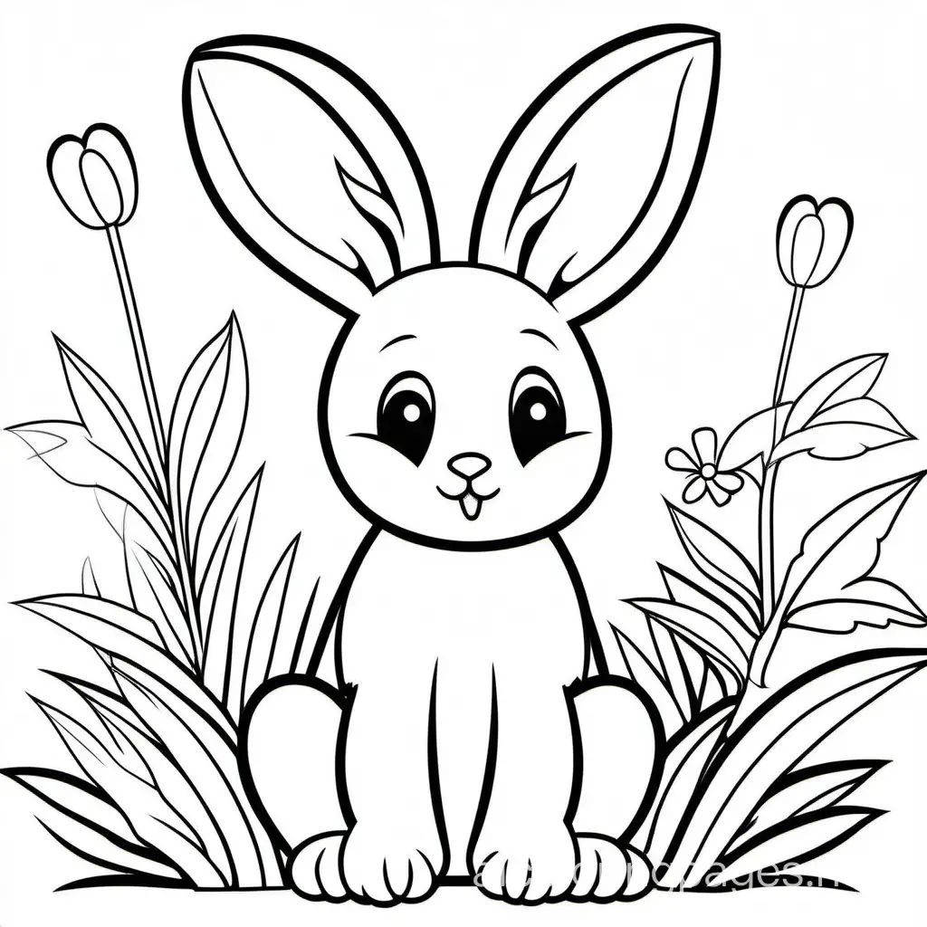 A cute rabbit, Coloring Page, black and white, line art, white background, Simplicity, Ample White Space. The background of the coloring page is plain white to make it easy for young children to color within the lines. The outlines of all the subjects are easy to distinguish, making it simple for kids to color without too much difficulty