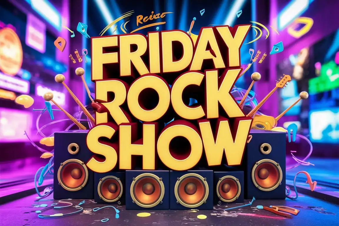 The name in 3d:  , FRIDAY ROCK SHOW "Felixstowe Radio, 107.5 fm” sitting on a set of speakers, musical images surrounding the words, 3d render, cartoon cinematic, typography v0.2, illustration, cinematic, typography, 3d render lots of  neon colours