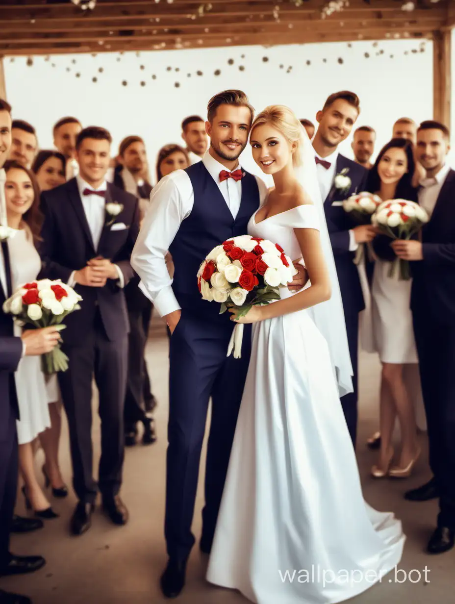This is a real photo taken at the wedding venue. The men are very handsome and the women are very beautiful. There was a wedding crowd after their birth, with the man holding the woman and the woman holding flowers. The whole picture presents a festive scene. Caucasian