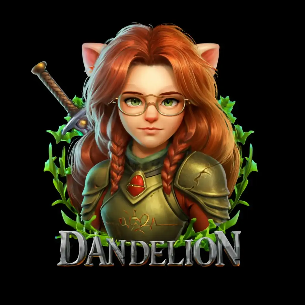 logo, a human girl. A mix of a lion. She carries a green sword for defense. She wears glasses. Brown hair. Realistic. She wears armor., with the text "Dandelion", typography