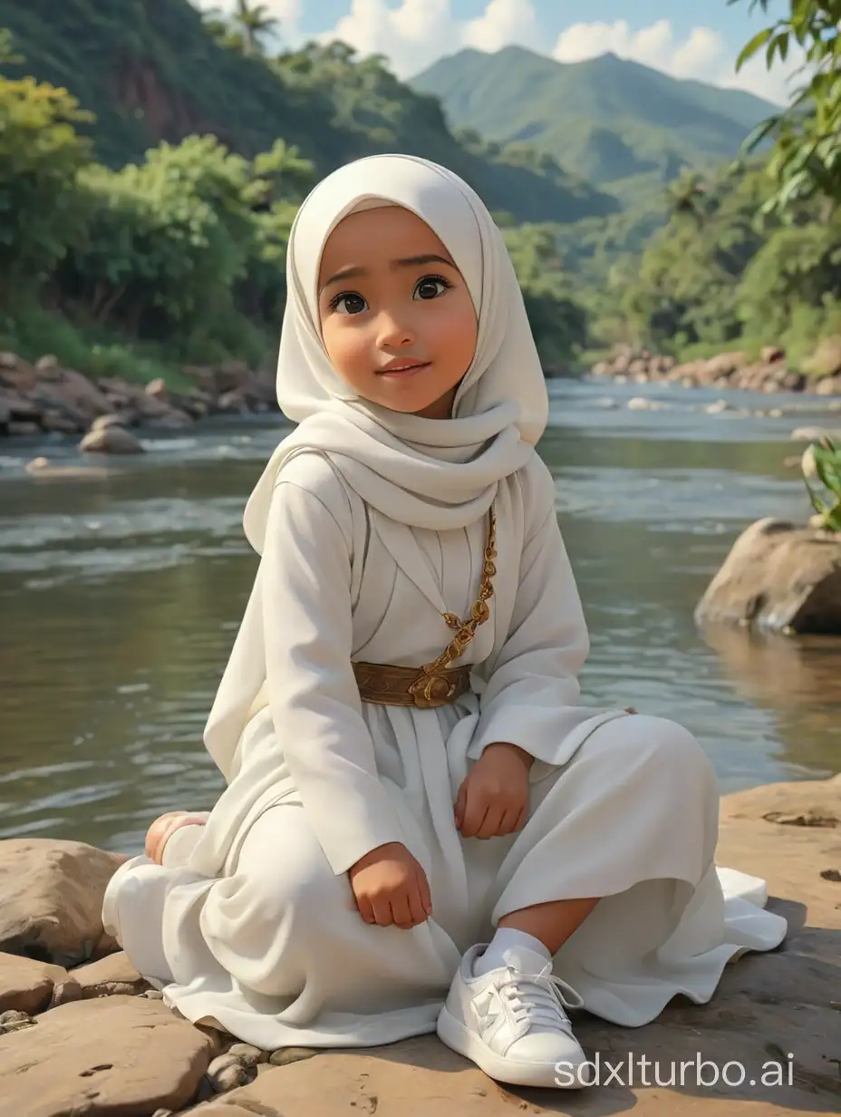 create realistic 3D images. a 3 year old girl, indonesian look, wearing a hijab, wearing a moslem clothes, wearing white shoes. was sitting by the river. background beautiful hills