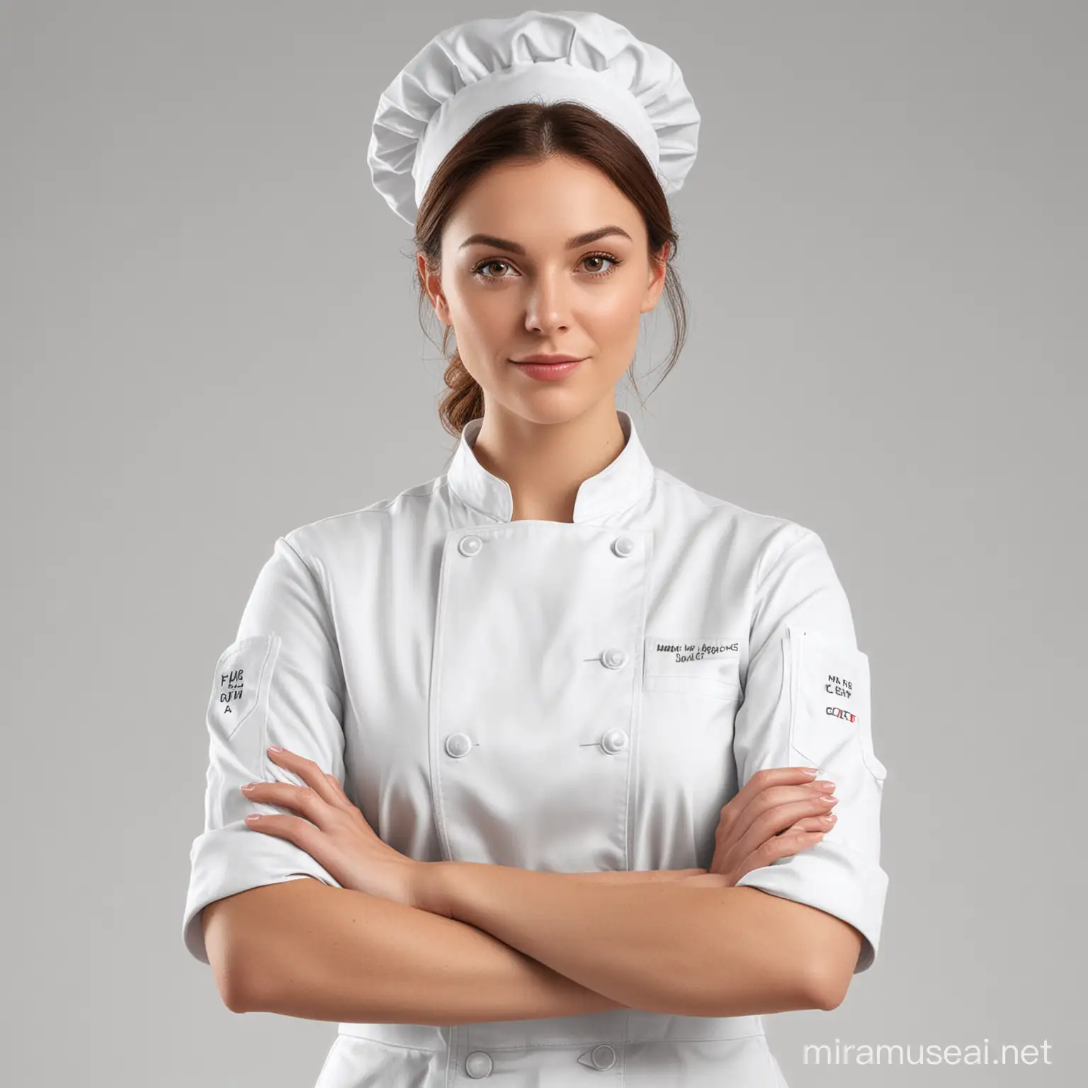 Create a realistic 3d portrait (Waist up) of a white female chef in chef attire on a white background