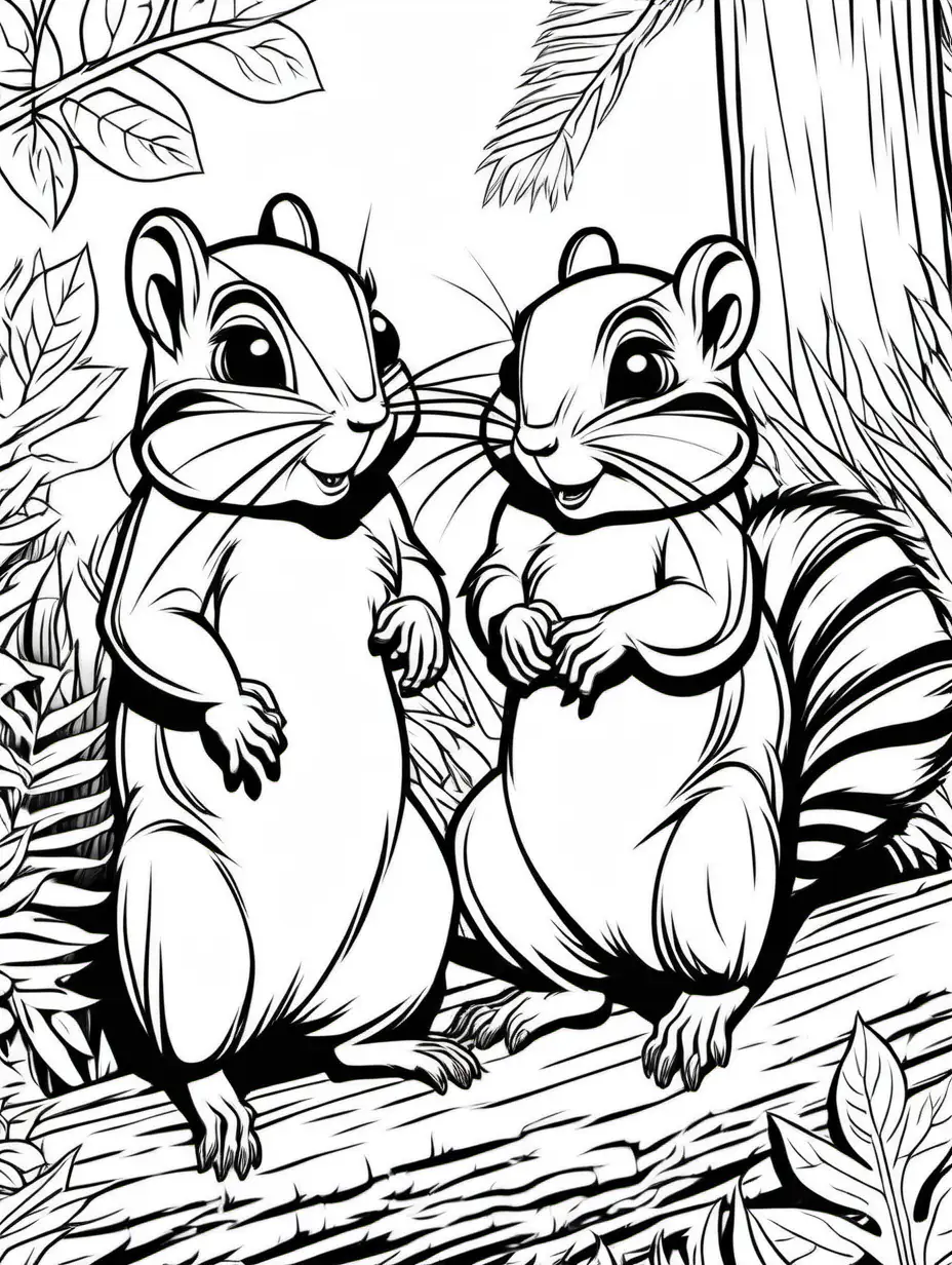 coloring page, two Chipmunks in the wildlife scene, forest, high detail, thick line, no shading