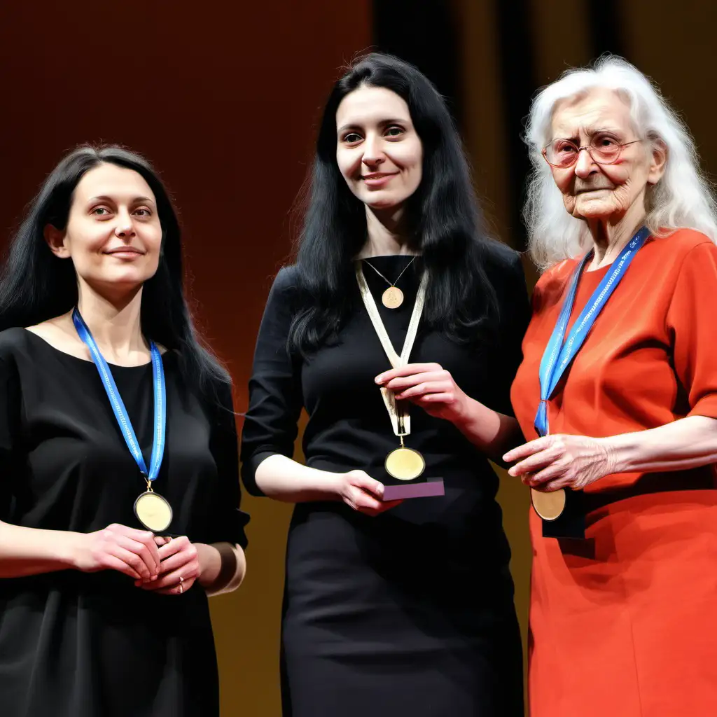 A 35-year-old beautiful Czech woman with long black hair, high cheek bones, standing on a stage. Next to her, a 60-year-old Czech woman and a 85-year-old Czech woman. Each woman is holding a Nobel Prize medal. 