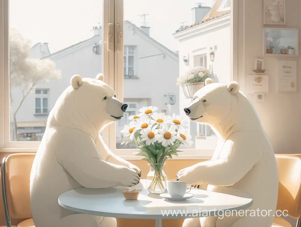 Два белых милых и спокойных медведя сидят в кафе возле окна.  Медведи мило общаются друг с другом. Рядом с ними цветочки мудрости. Картинка светлая, яркая и теплая. Минималистический стиль.