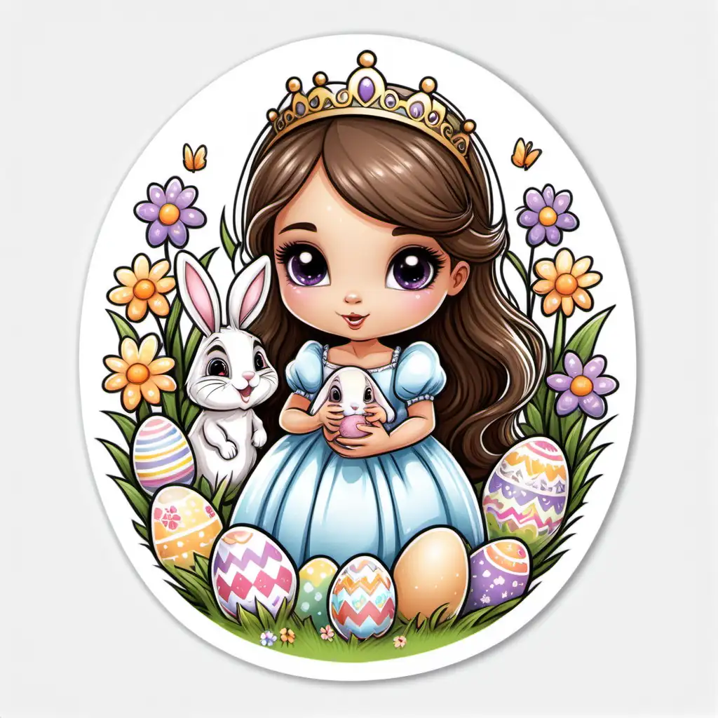 
Cute,fairytale,whimsical, cartoon, illustration, sticker, easter princess, full length,big brown eyes, colorful, white background , Easter eggs, spring flowers holding a  baby bunny