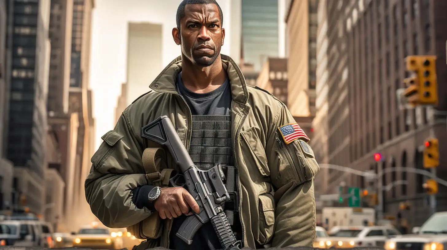Joe, defender of Manhattan, african-american, a 30-year old, retired special operator, wearing a katana sword on his back, wearing an army surplus jacket, carrying a glock 17 pistol, magna style, hyper realistic, dramatic lighting