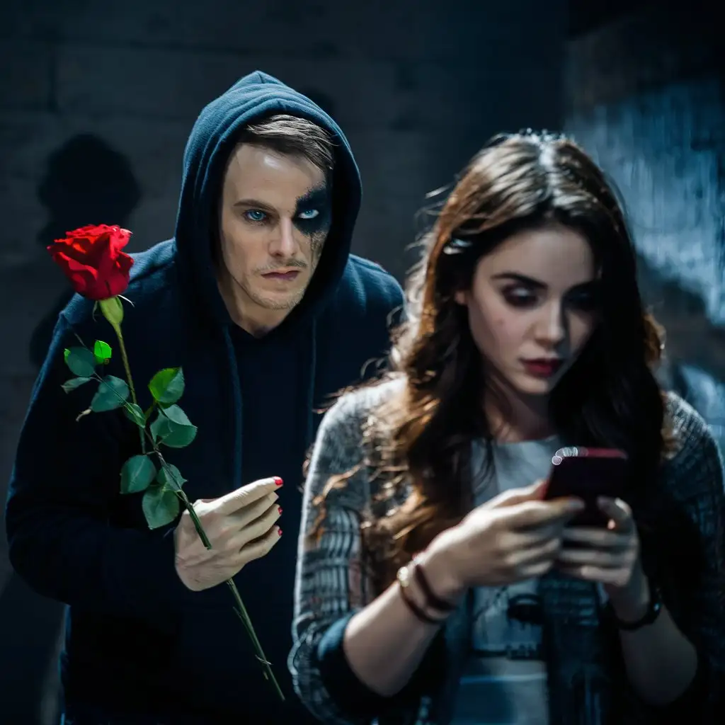 A guy with a black hoodie and two different eye colors blue and black holding a red rose stalking a girl