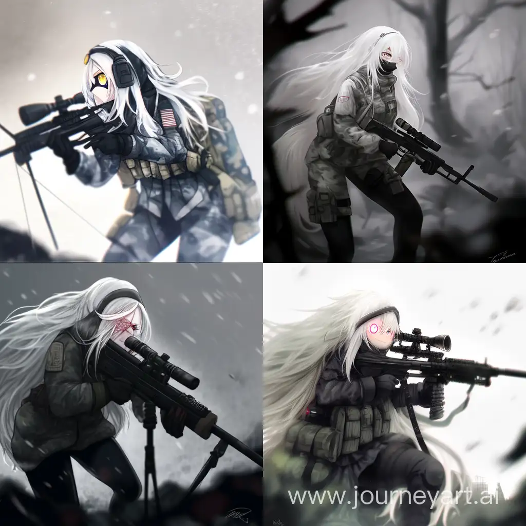 S.T.A.L.K.E.R. Duty, Long White Hair, Female, Sniper Rifle, Black Camouflage Gear, Respirator
