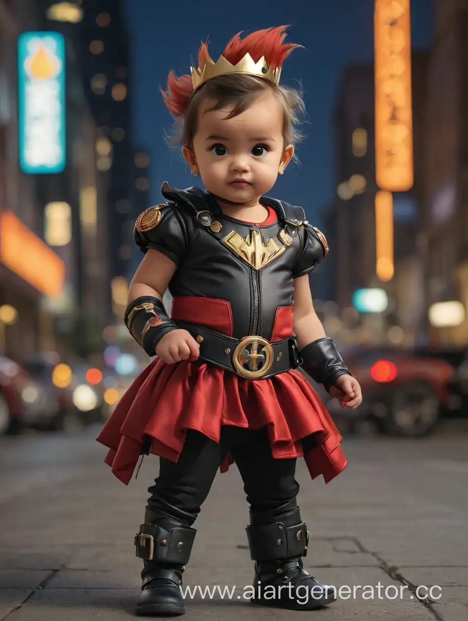 A 1-year-old girl in a Harley Queen costume, night city background