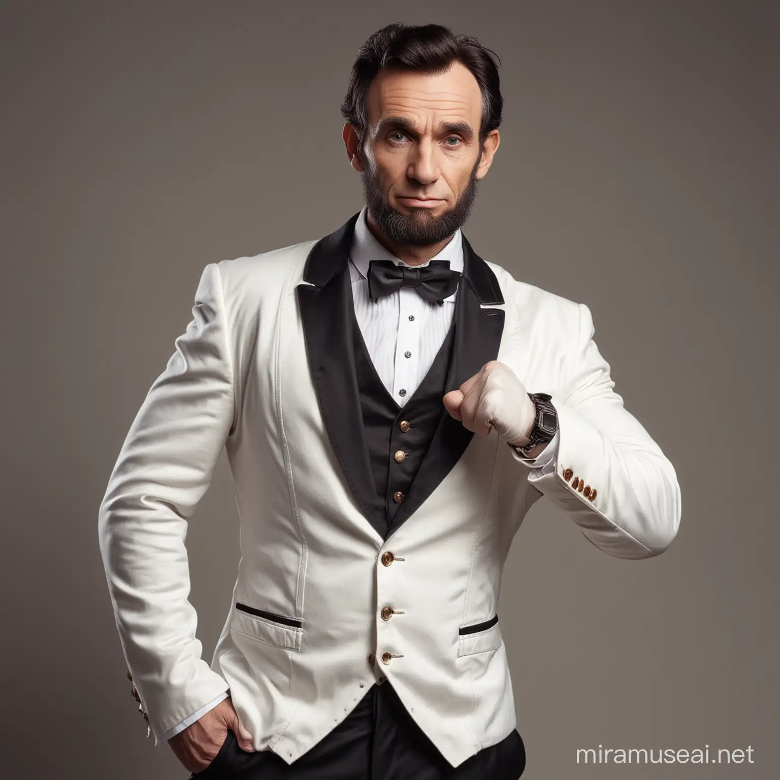 Abraham Lincoln, White Male, Heavy Sexy Swole, Bodybuilders, Fullview, Fullview, Posing Mode, Wearing An Whiteish Steampunk Blazer Tuxedo, Doing An YouTube Video, Selfie Photograph.