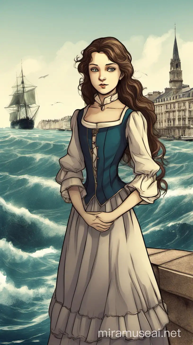I want to make a cover for my book. The girl of the picture is the main character. In the book she’s a French princess of the 19 century. In the background you can put Images of the ocean or a city near the ocean or of a ship.