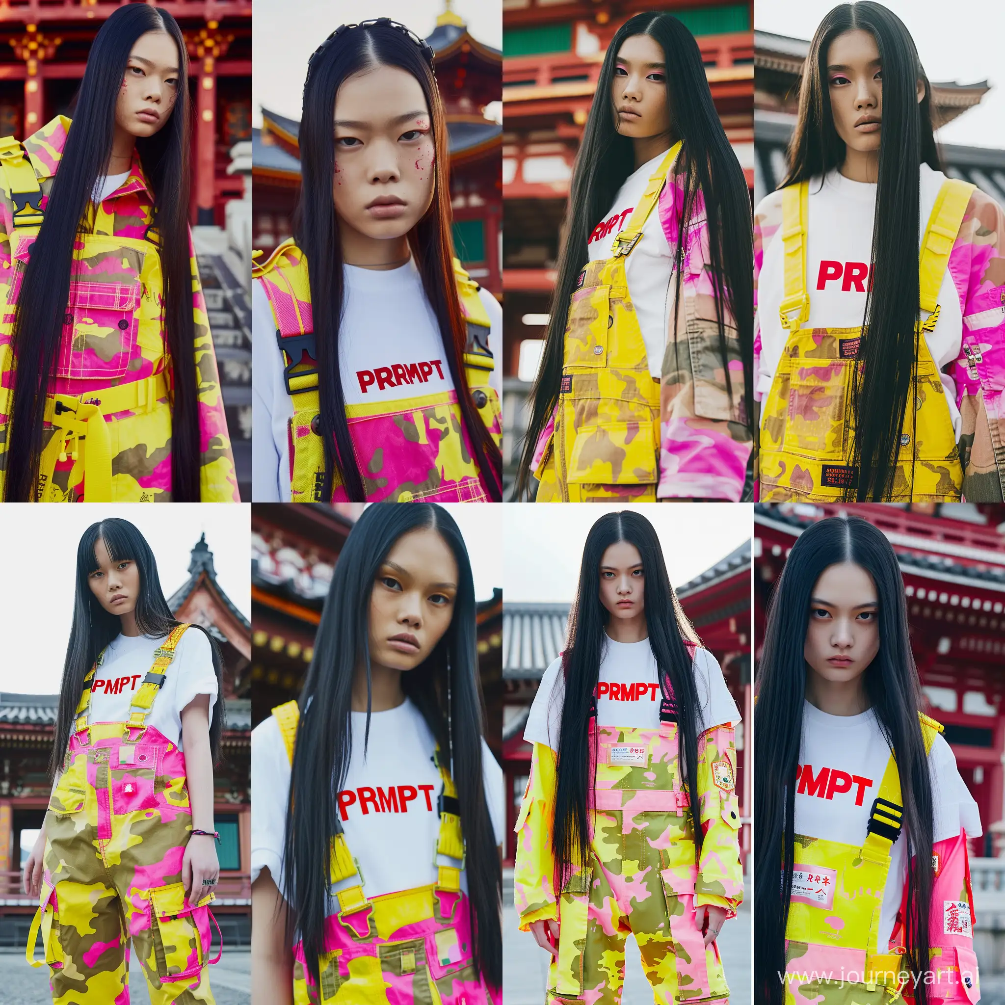 Asian-Editorial-Fashion-Shoot-with-Vibrant-Neon-Camo-Outfit-at-Traditional-Japanese-Temple