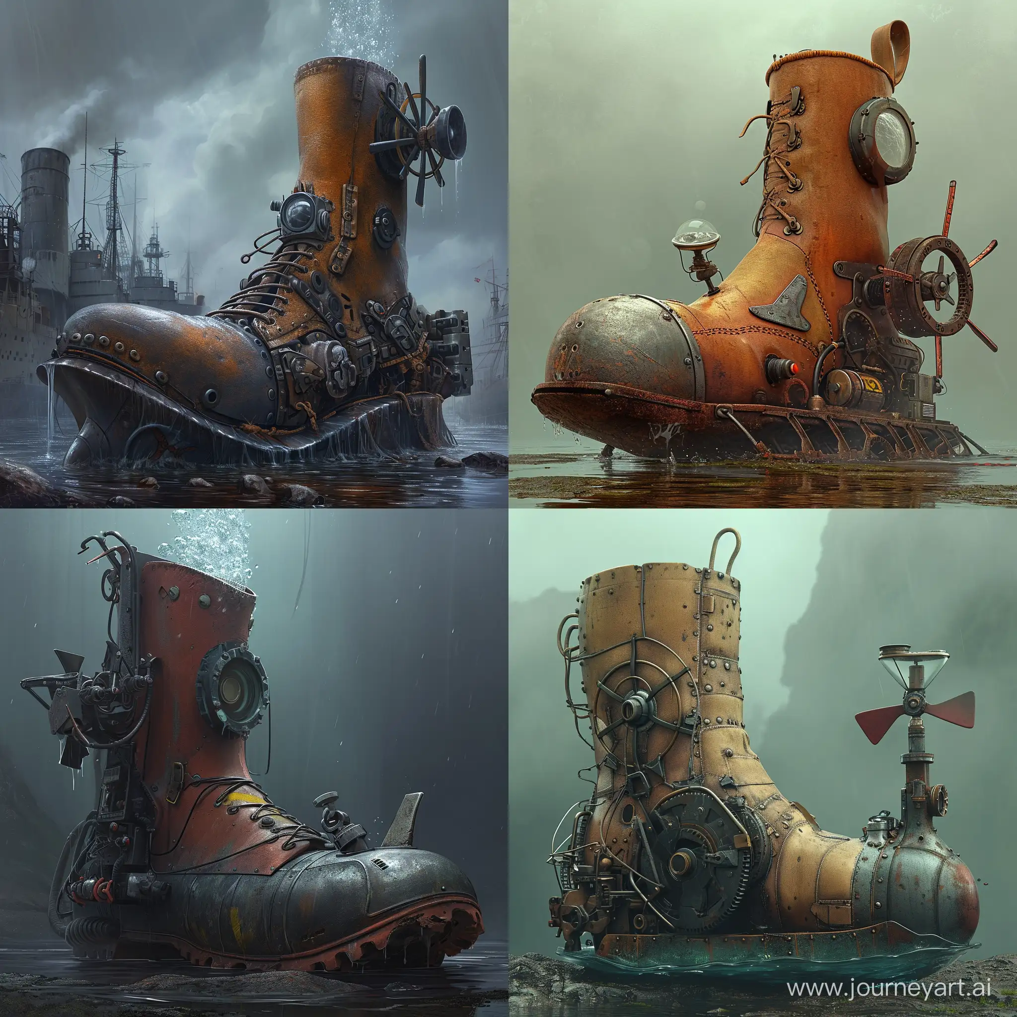 A giant's boot modified into a submarine with a propeller on the heel, a periscope, water tight.  Epic composition.  Highly detailed.  