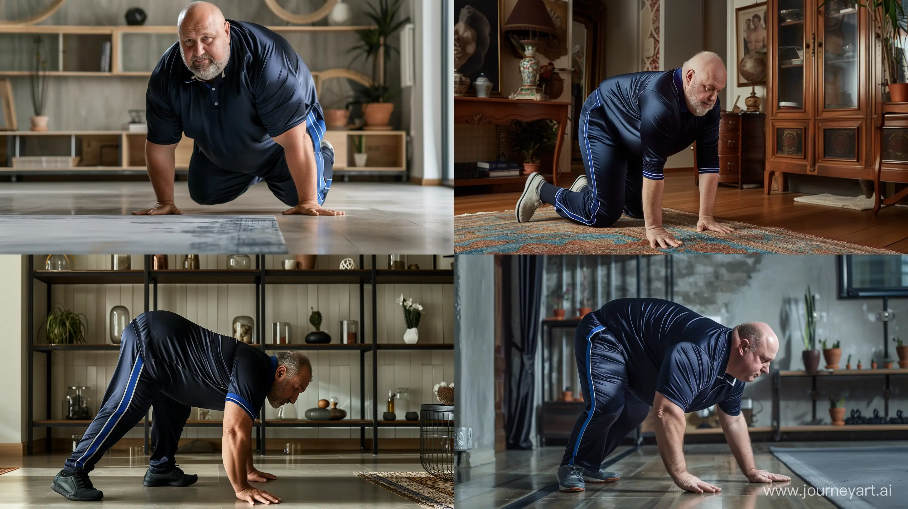 Photo of a fat man aged 60 wearing silk navy tracksuit pants with royal blue stripe on the leg and a tucked silk sport polo shirt. Doing a push-up on the floor. --style raw --ar 16:9