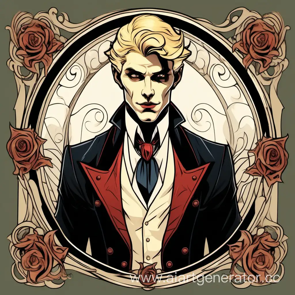 Handsome, tall young blonde vampire show host in the style of Alfonse Mucha