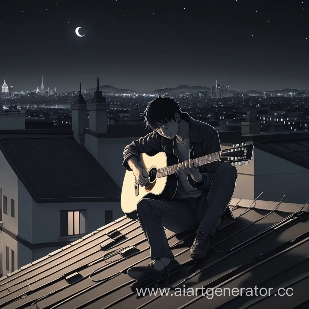 парень играет на гитаре на крыше ,грустно,ночь.
