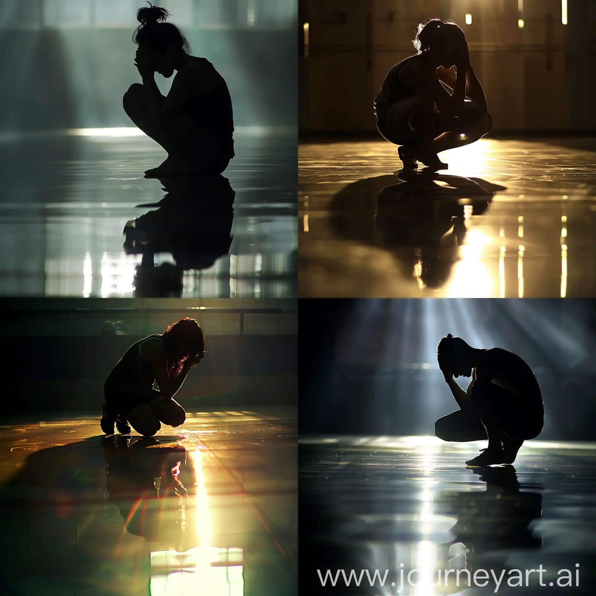 a dimly lit environment with a strong backlight, creating a silhouette effect. It features a person, knelt down on the floor, with their head bowed down and hands clasped together in what might be a gesture of prayer, reflection, or deep thought. The individual seems to be wearing a sleeveless top, which suggests casual or athletic wear. The silhouette is sharply reflected on the shiny floor, which adds a dramatic and solemn mood to the image. The atmosphere is contemplative and evokes a sense of solitude. The lighting and composition contribute to a strong visual impact, highlighting the person as the focal point against the subtle details of the surrounding environment.