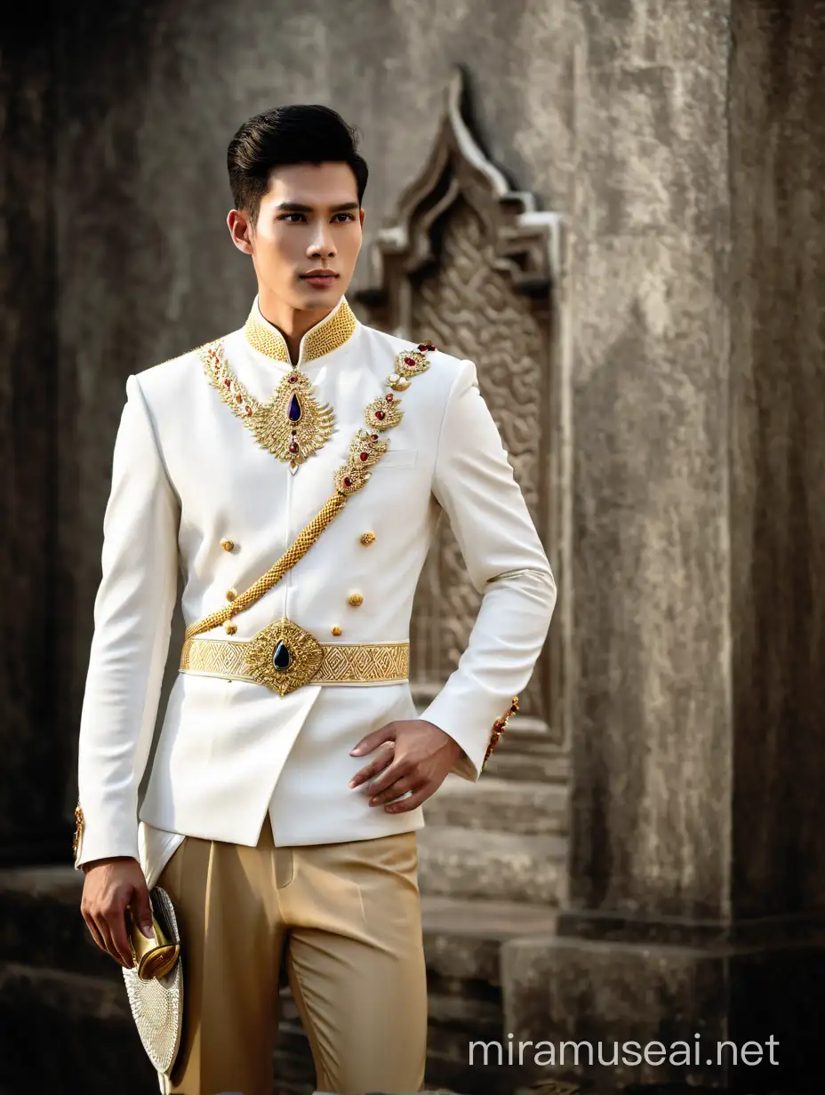 A handsome young Thai male prince wearing an exquisite white suit with gold trim, adorned with gemstones and diamonds on his chest. The jacket is buttoned up to the top and has no sleeves or tie. He stands tall in beige trousers that have flared out at both sides, giving him the look of someone from ancient Thailand. The background features gray walls and dark stone floors, creating a historical atmosphere. This portrait captures every detail of their appearance, including facial expressions, posture, style, realistic photography, and full body shot.