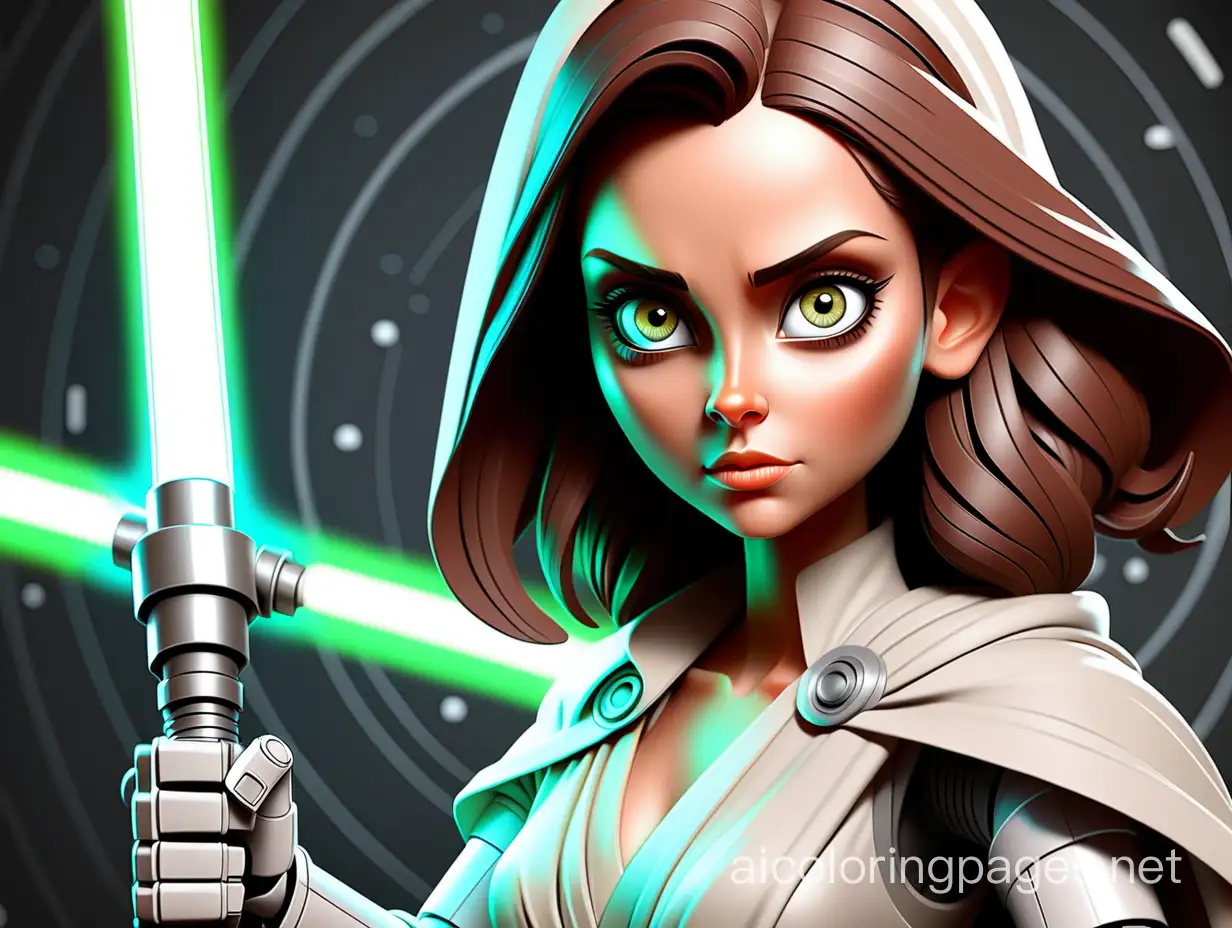 beautiful JEDI woman with robot eyes with LIGHT SABER AND SPACESHIP BACKGROUND , Coloring Page, black and white, line art, white background, Simplicity, Ample White Space. The background of the coloring page is plain white to make it easy for young children to color within the lines. The outlines of all the subjects are easy to distinguish, making it simple for kids to color without too much difficulty